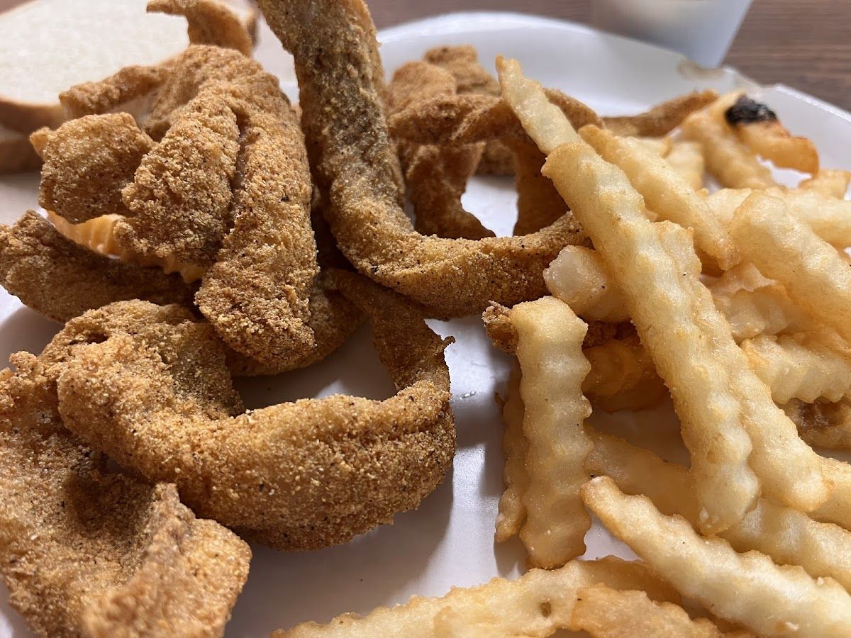 Fried catfish fillets with crinkle-cut fries